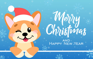 Festive greeting card with the inscription Merry Christmas and cute welsh corgi. Cartoon dog in a flat style wishes a Happy New Year. Vector illustration for design, decor, print, stickers, posters.