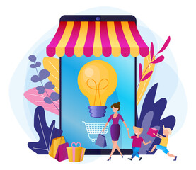Bright vector illustration of ideas for gifts.Online shopping.