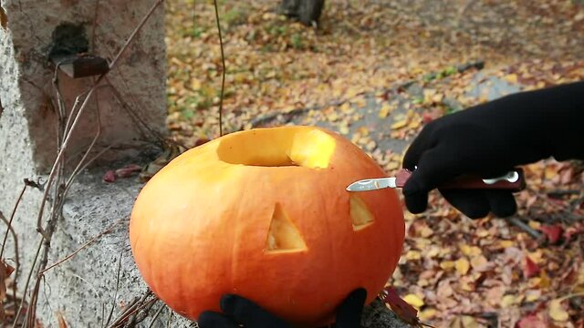 Women's hands in black gloves carve a scary Jack - o ' - lantern face on a Halloween pumpkin. Hands witches are preparing a pumpkin to the Halloween party in the autumn forest. Close up