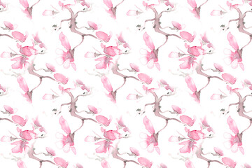 Watercolor Sakura Japan. Seamless Apple 