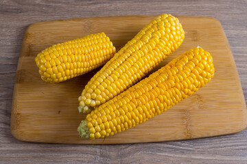 Corn lies on canvas. Fresh corn closeup. Corn cob on a plate. Sweet corn on background for food ingredients and cooking concept.