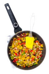 Frying pan with vegetable stew with pumpkin and white beans