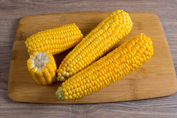 Corn lies on canvas. Fresh corn closeup. Corn cob on a plate. Sweet corn on background for food ingredients and cooking concept.