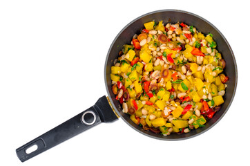 Frying pan with vegetable stew with pumpkin and white beans