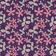 Floral seamless pattern. Simple vector texture with small hand drawn flowers, leaves. Beautiful summer abstract background. Modern doodle style painting. Pink, green and purple color. Elegant design