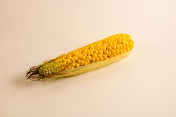 Corn lies on canvas. Fresh corn closeup. Corn cob on a plate. Sweet corn on background for food ingredients and cooking concept.