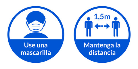 Set of Round Coronavirus Instruction Sticker Signs in Spanish 