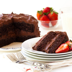 Chocolate Cake with White Background and Milk and Strawberries