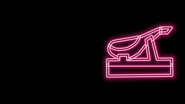 Glowing neon line Spanish jamon on the wooden jamonera icon isolated on black background. 4K Video motion graphic animation