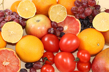 Tropical fruits, grapefruit, apples, grapes, lemon, banner. Detox diet minimal concept flat lay Healthy and natural food concept. Vitamins C, lifestyle