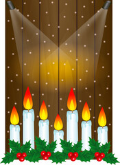 Creative frame made of Christmas wooden background with candles