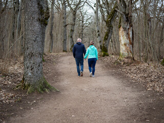 Close-up of a couple of young people are walking in park along the path. In the forest are large and old trees without leaves. The concept of a healthy lifestyle and health care.
