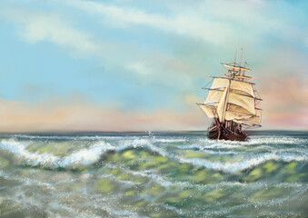 Old ship in the sea. Digital oil paintings landscape. Fine art.	
