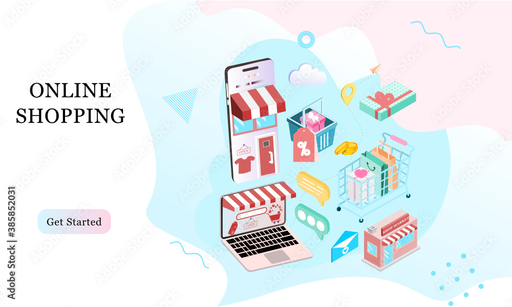Poster landing page of 3d isometric online shopping on websites or mobile applications concepts of vector e