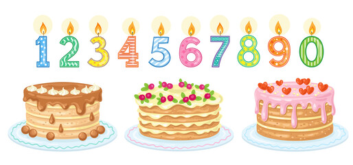 Collection of three beautiful birthday cakes and ten holiday anniversary candles. All numbers. In cartoon style. Isolated on white background. Vector  illustration.