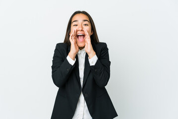 Young asian bussines woman isolated on white background shouting excited to front.