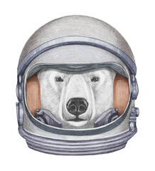 Astronaut. Portrait of Polar Bear in a space helmet. Hand-drawn illustration