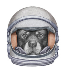 Astronaut. Portrait of Rottweiler in a space helmet. Hand-drawn illustration