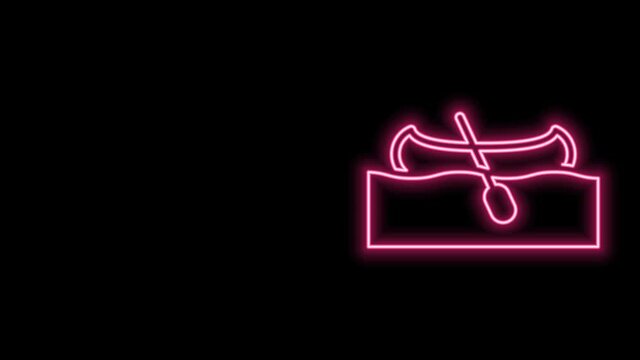 Glowing neon line Kayak and paddle icon isolated on black background. Kayak and canoe for fishing and tourism. Outdoor activities. 4K Video motion graphic animation