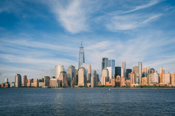 Fototapeta na wymiar View of the skyline of the Financial District in Manhattan from Liberty State Park, New Jersey