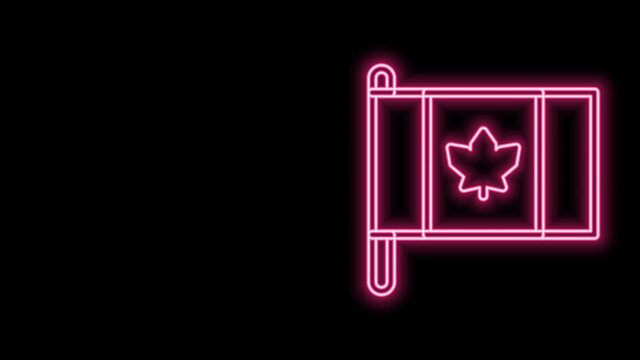 Glowing neon line Flag of Canada icon isolated on black background. North America country flag on flagpole. 4K Video motion graphic animation