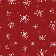 Hand drawn seamless pattern white blurred snowflakes on red background, Christmas Winter background.