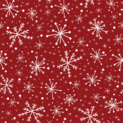 Hand drawn seamless pattern white snowflakes on red background, Christmas Winter background.