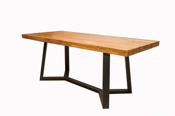 wooden lacquered table with black metal legs standing at an angle of 45 degrees