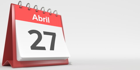 April 27 date written in Spanish on the flip calendar, 3d rendering