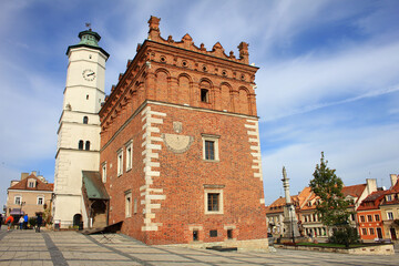 Town hall with a white tower in Sandomierz