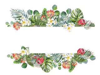 Tropical flowers card with eucalyptus branches, palm leaves, monstera, jungle leaf, protea, plumeria. Watercolor illustration for invitation, wedding design,  textiles, decorations. © Nataliya Kunitsyna
