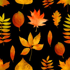 Watercolor autumn leaves seamless pattern. Yellow bright fall texture in vintage style