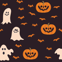 Halloween pumpkins, bats and ghosts seamless pattern. Cute illustrations background.
