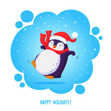 Cute chubby jumping penguin in a santa hat and red scarf. Merry Christmas greetings. Hand drawn vector illustration.