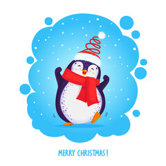 Cute penguin in a funny santa hat and red scarf. Merry Christmas greetings. Vector illustration in cartoon style.