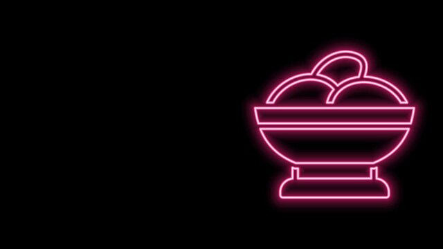 Glowing neon line Varenyky in a bowl icon isolated on black background. Pierogi, varenyky, dumpling, pelmeni, ravioli. Traditional Ukrainian food. 4K Video motion graphic animation