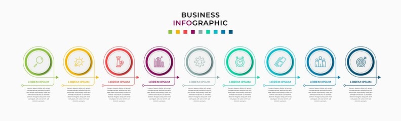 Vector Infographic design template with icons and 9 nine options or steps. Can be used for process diagram, presentations, workflow layout, banner, flow chart, info graph.