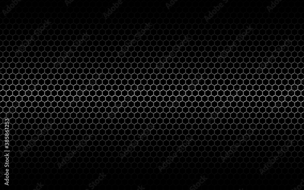 Poster metal mesh. black hexagon grid with shadow and light. dark industrial backdrop with cells. perforate