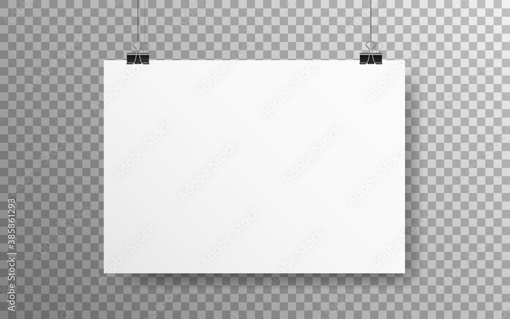 Poster poster mockup horizontal. empty a4 hanging on a wall. white paper with on transparent backdrop. real