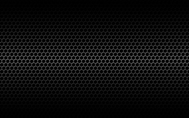 Metal mesh. Black hexagon grid with shadow and light. Dark industrial backdrop with cells. Perforated texture metal for poster, banner, web. Vector illustration