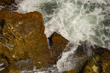 Waves during a storm. View from above. Red code. Rest on the Black Sea coast in Bulgaria. Elemental...