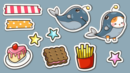 Cute cartoon element clipart with white border. Little cat, fish, Cake, Crackers, French fries and Star. This design used for prints, cute accessories, stickers, Part of the logo design. And more.