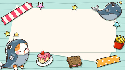 Cute element frame with fish and cat. Cute cartoon style element decoration paper page. Used for cute forms, notepad pages, writing memos, presentation template, picture frames and more.