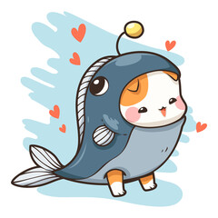 Cute cartoon monster cat and fish with orange heart clipart. Little cat wearing a fish costume. Vector illustration. Use for decoration, sticker, logo, pattern and more.