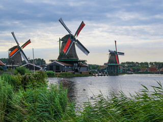 Fototapeta premium Historic windmills and houses at Zaanse Schans, Netherlands