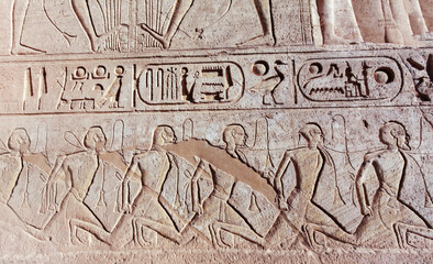 Ancient Egyptian Civilization Mural Tomb Carvings on Ramses 2 Temple Exterior in Abu Simbel Unesco World Heritage Site Egypt