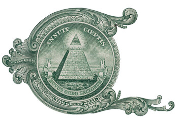 Conspiracy theory and secret societies concept with the great seal on the American dollar bill with...