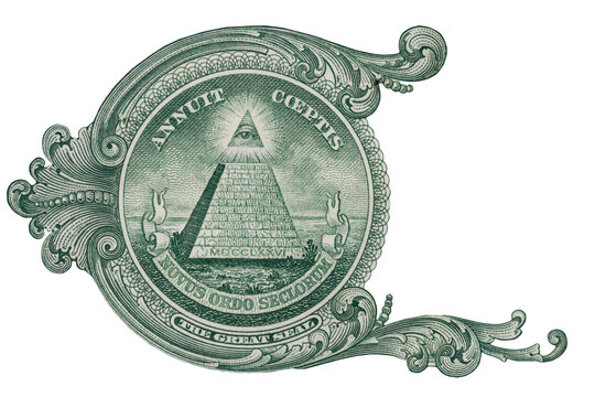 Conspiracy theory and secret societies concept with the great seal on the American dollar bill with the pyramid an the all seeing eye isolated on white background with clipping path cutout