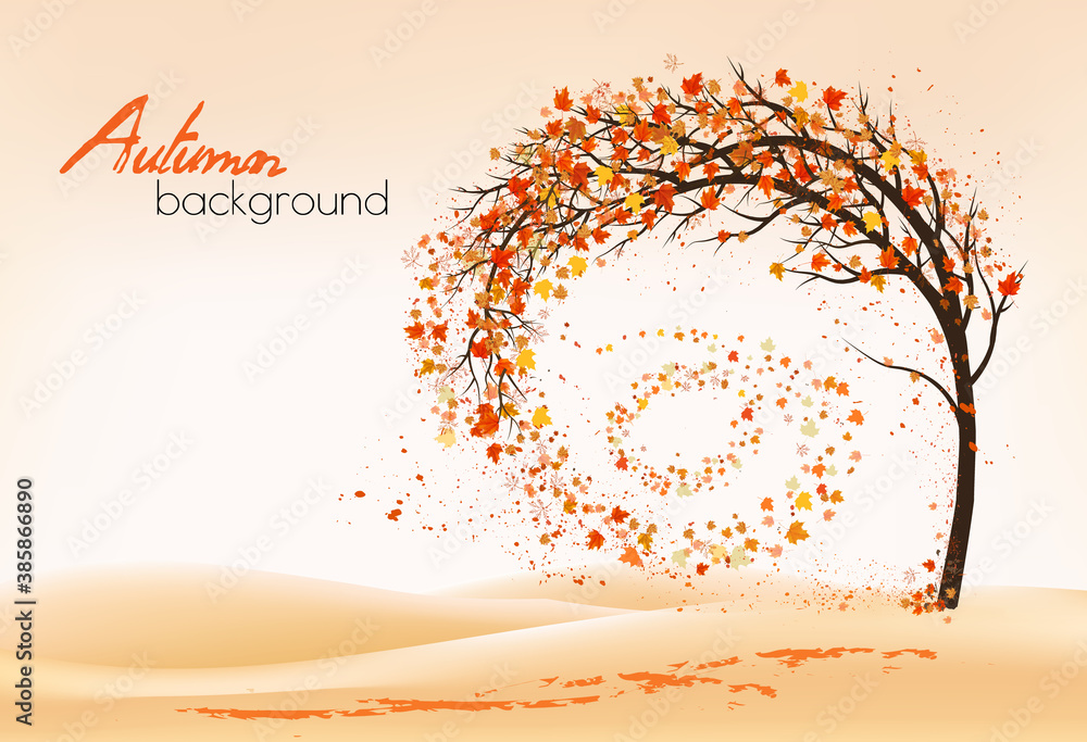 Poster hello a gold autumn. autumn landscape with autumn colorful leaves on the tree in a park on a backgro