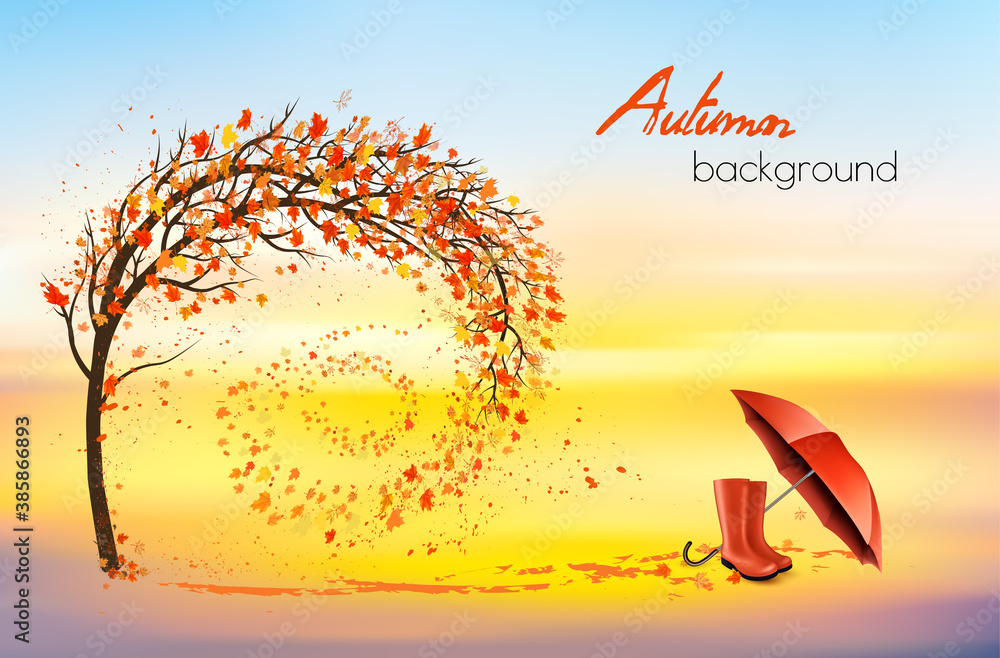 Poster hello a gold autumn. autumn landscape with autumn colorful leaves on the tree and red umbrella and r